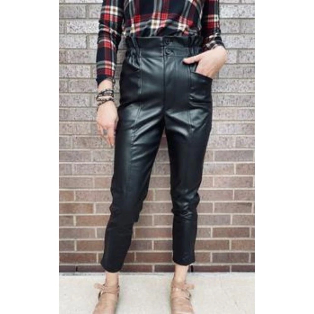 High waisted black leather pants